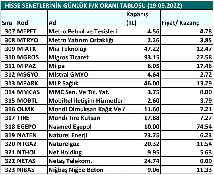 Hisse senetlerinin günlük fiyat-kazanç performansları (19.09.2022)