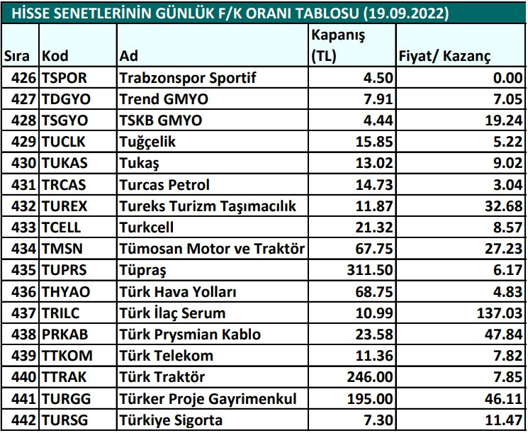 Hisse senetlerinin günlük fiyat-kazanç performansları (19.09.2022)