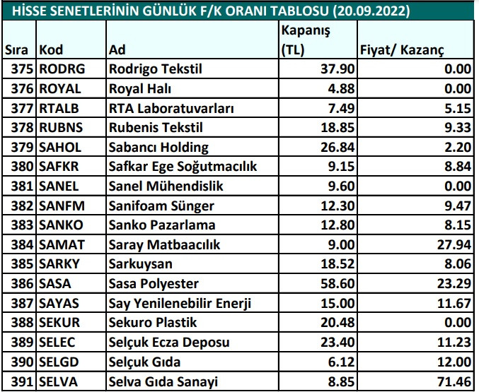 Hisse senetlerinin günlük fiyat-kazanç performansları (20.09.2022)