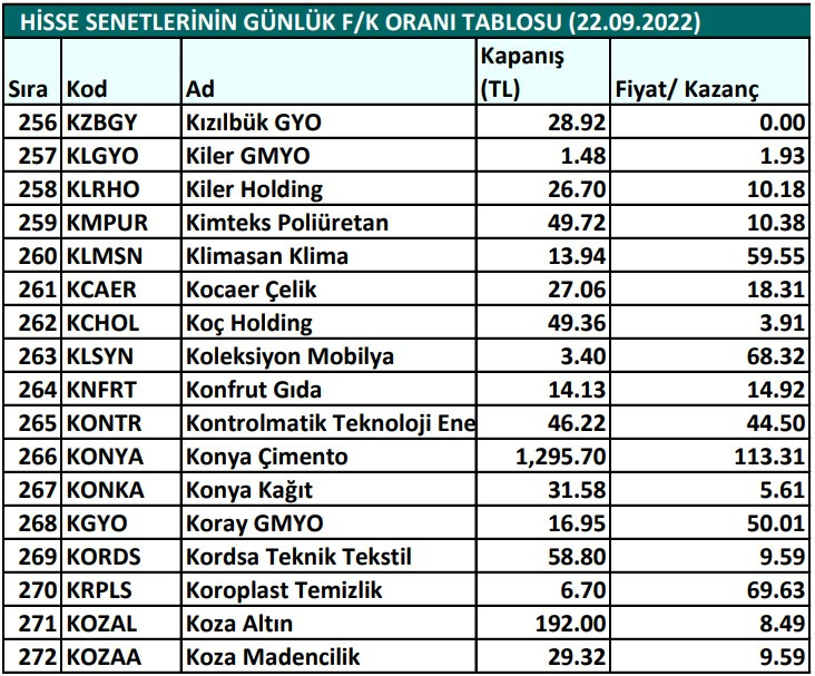 Hisse senetlerinin günlük fiyat-kazanç performansları (22.09.2022)